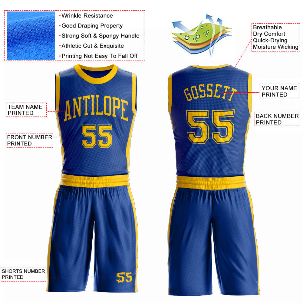 Custom Royal Gold Round Neck Basketball Uniform Jersey