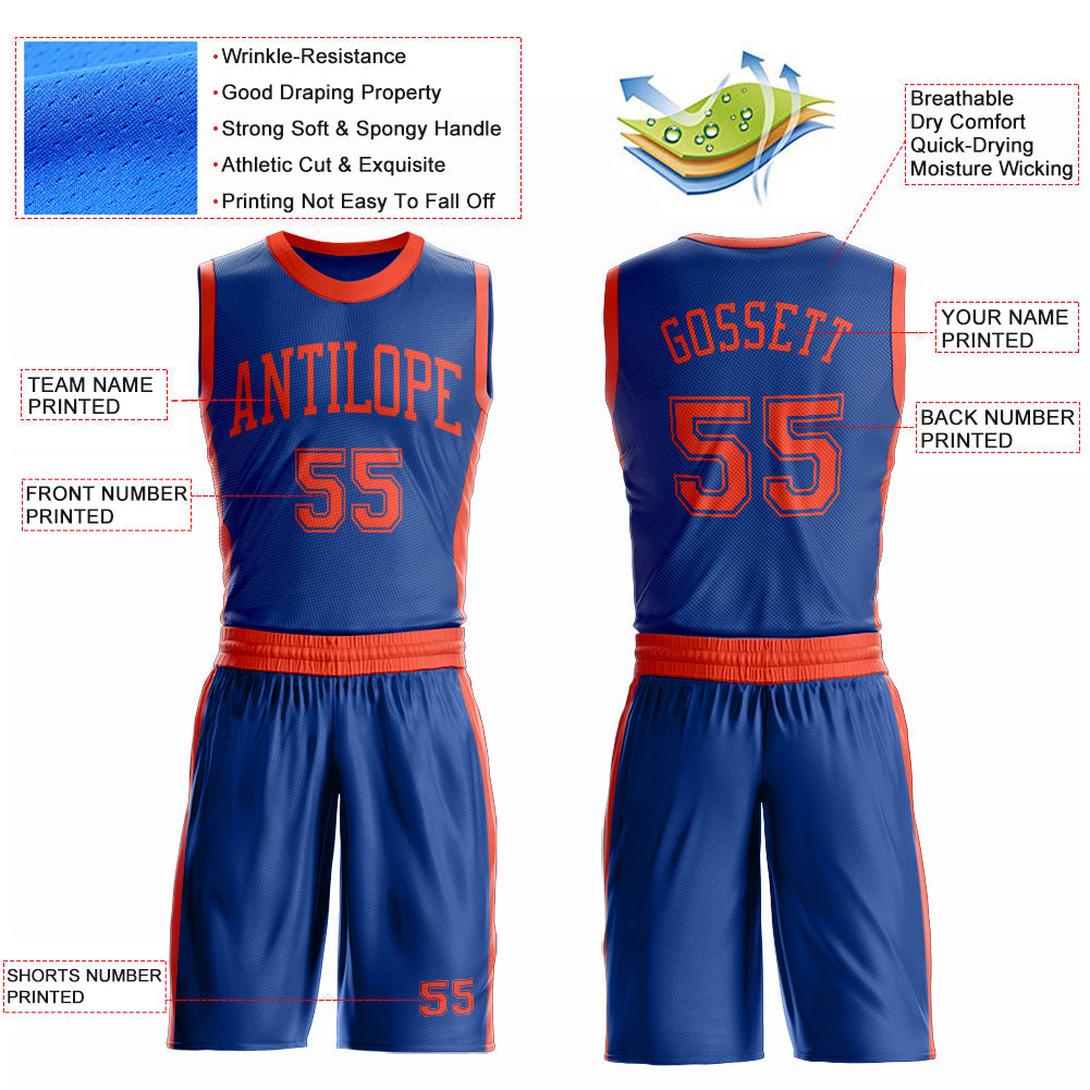 Custom Royal Orange Round Neck Basketball Uniform Jersey