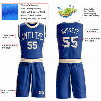 Custom Royal Cream Round Neck Basketball Uniform Jersey