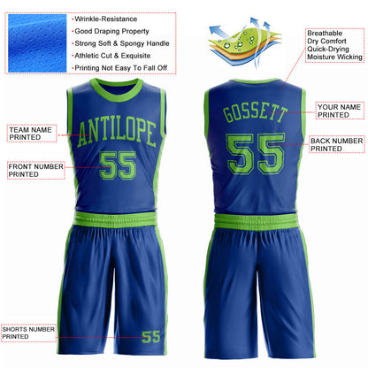 Custom Royal Neon Green Round Neck Basketball Uniform Jersey