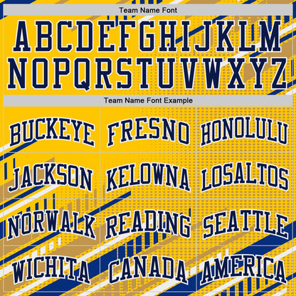 Custom Yellow Navy Royal-White Geometric Stripe Round Neck Sublimation Basketball Uniform Jersey