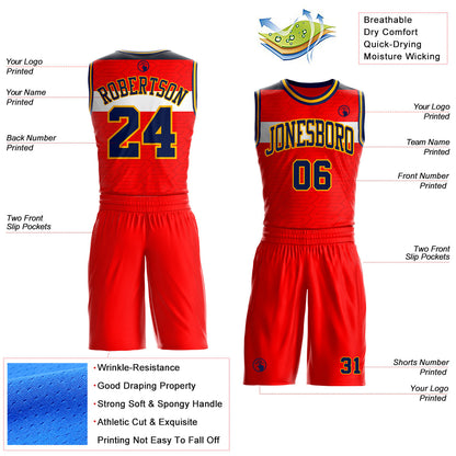 Custom Red Navy White-Gold Geometric Stripe Round Neck Sublimation Basketball Uniform Jersey