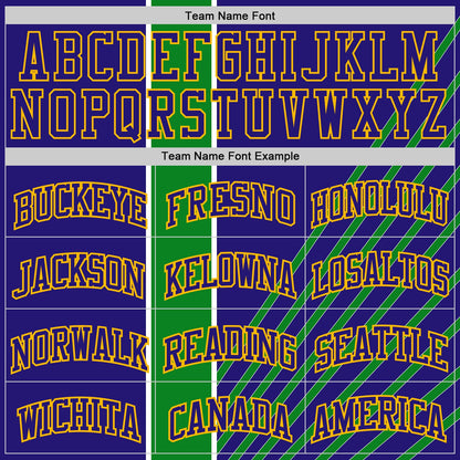 Custom Dark Purple Grass Green White-Gold Geometric Stripe Round Neck Sublimation Basketball Uniform Jersey