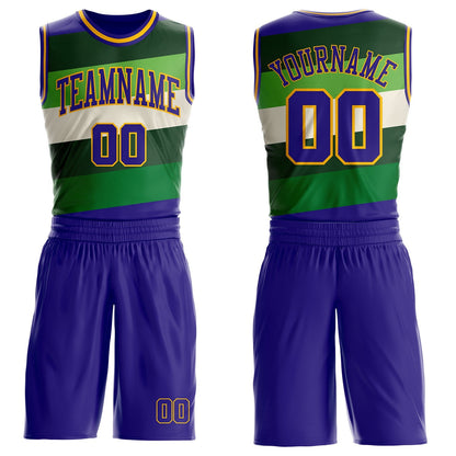 Custom Dark Purple Green-Gold Geometric Stripe Round Neck Sublimation Basketball Uniform Jersey