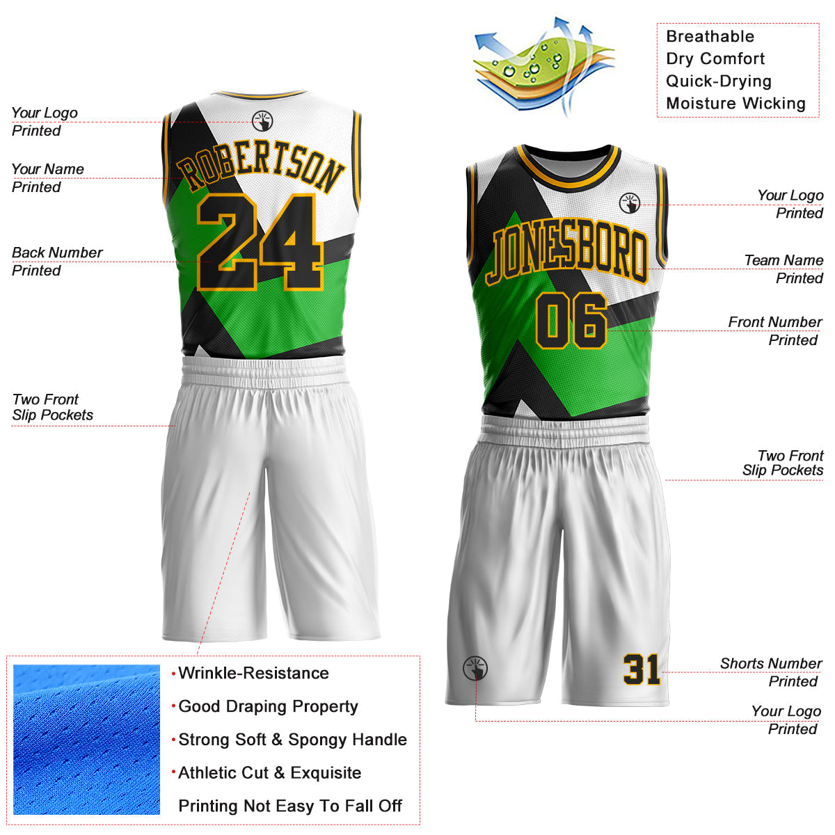 Custom White Black Green-Gold Triangle Geometric Stripe Round Neck Sublimation Basketball Uniform Jersey