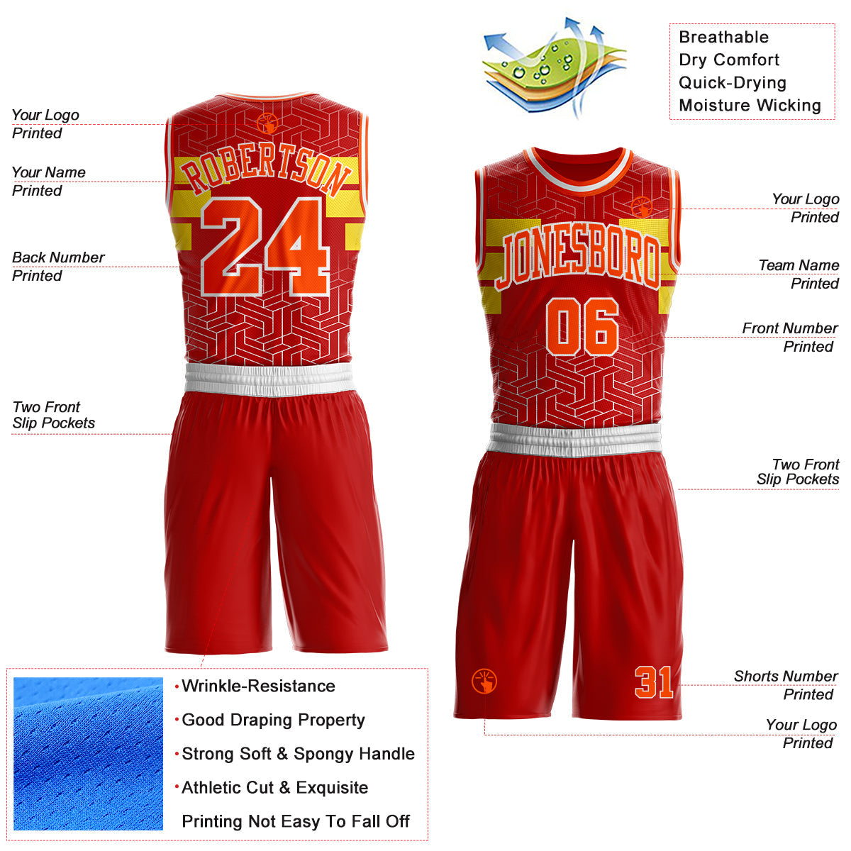 Custom Red Orange Yellow-White Geometric Maze Stripe Round Neck Sublimation Basketball Uniform Jersey