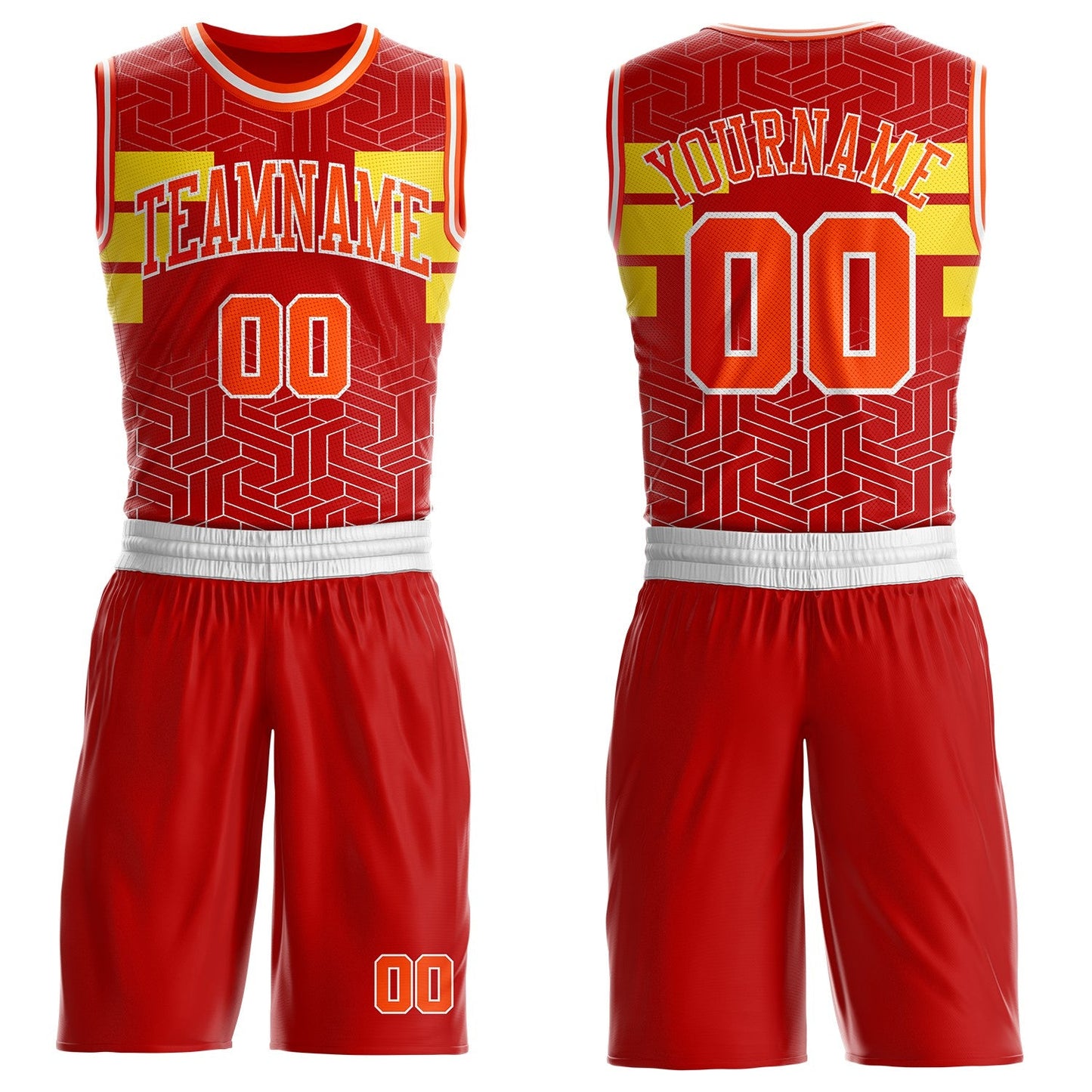 Custom Red Orange Yellow-White Geometric Maze Stripe Round Neck Sublimation Basketball Uniform Jersey