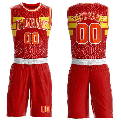 Custom Red Orange Yellow-White Geometric Maze Stripe Round Neck Sublimation Basketball Uniform Jersey