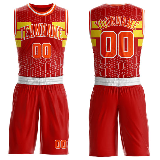 Custom Red Orange Yellow-White Geometric Maze Stripe Round Neck Sublimation Basketball Uniform Jersey