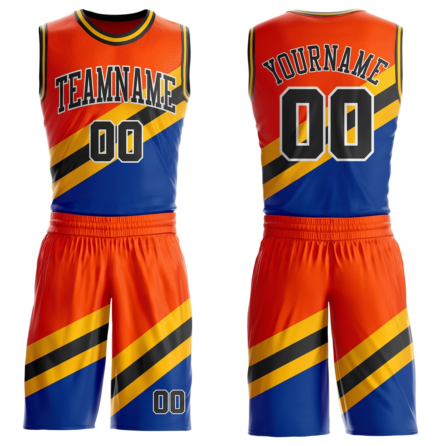 Custom Orange Black Gold Royal-White Geometric Stripe Round Neck Sublimation Basketball Uniform Jersey