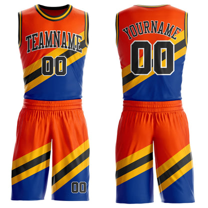 Custom Orange Black Gold Royal-White Geometric Stripe Round Neck Sublimation Basketball Uniform Jersey