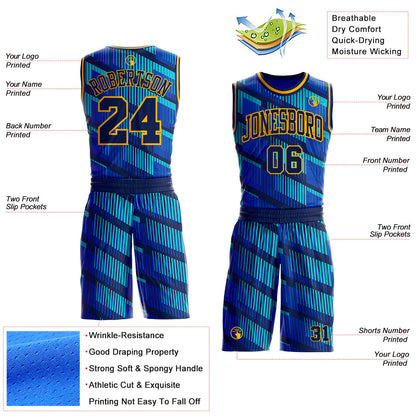 Custom Thunder Blue Navy Lakes Blue-Gold Geometric Stripe Round Neck Sublimation Basketball Uniform Jersey