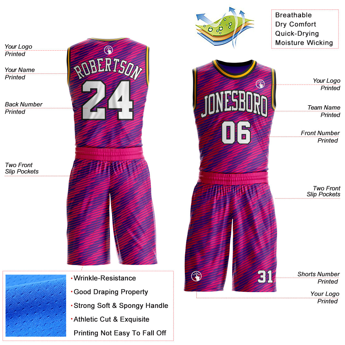 Custom Purple White Hot Pink Black-Gold Geometric Stripe Round Neck Sublimation Basketball Uniform Jersey