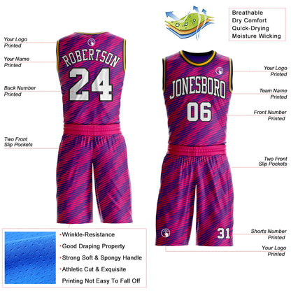 Custom Purple White Hot Pink Black-Gold Geometric Stripe Round Neck Sublimation Basketball Uniform Jersey