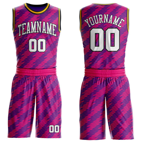 Custom Purple White Hot Pink Black-Gold Geometric Stripe Round Neck Sublimation Basketball Uniform Jersey