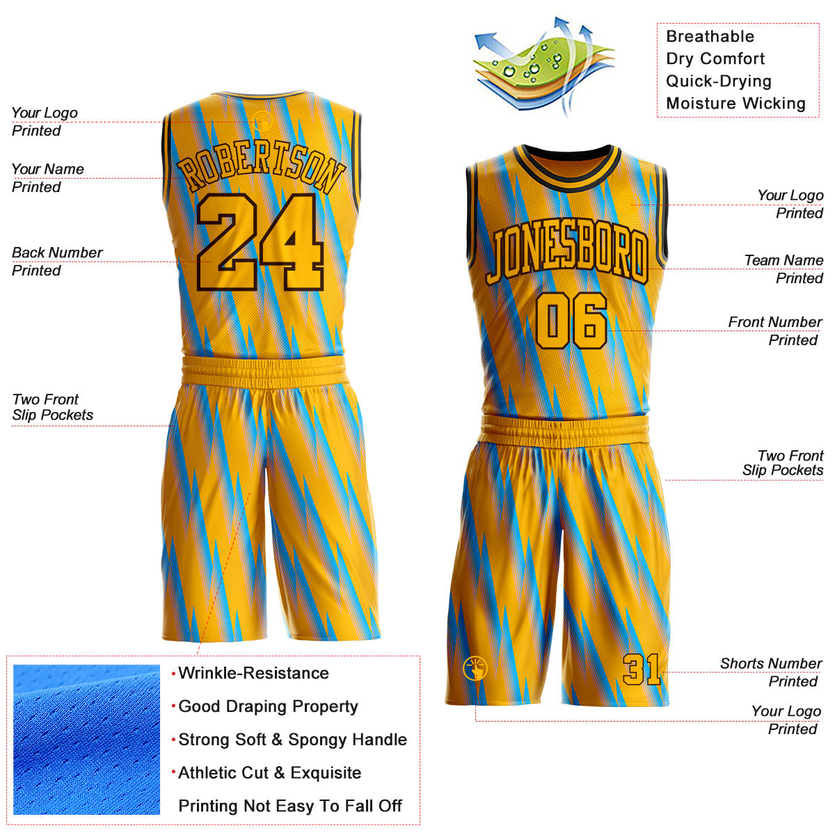 Custom Gold Lakes Blue Brown-Black Gradient Lightning Stripe Round Neck Sublimation Basketball Uniform Jersey