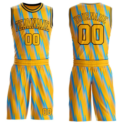Custom Gold Lakes Blue Brown-Black Gradient Lightning Stripe Round Neck Sublimation Basketball Uniform Jersey