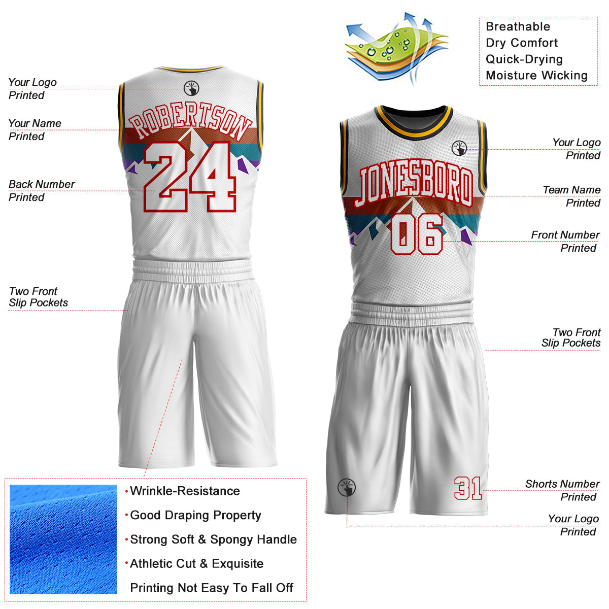 Custom White Texas Orange Teal Purple Red Black-Gold Mountain Geometric Stripe Round Neck Sublimation Basketball Uniform Jersey
