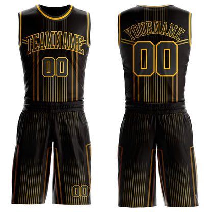 Custom Black Old Gold-Gold Vertical Stripe Gradient Round Neck Sublimation Basketball Uniform Jersey