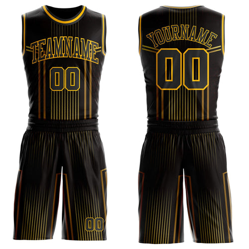 Custom Black Old Gold-Gold Vertical Stripe Gradient Round Neck Sublimation Basketball Uniform Jersey