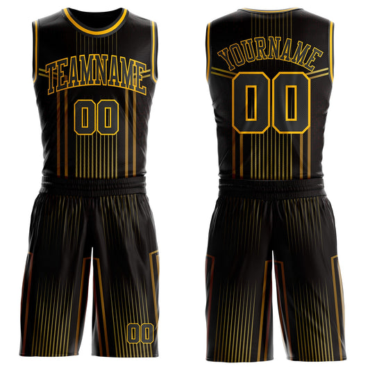 Custom Black Old Gold-Gold Vertical Stripe Gradient Round Neck Sublimation Basketball Uniform Jersey