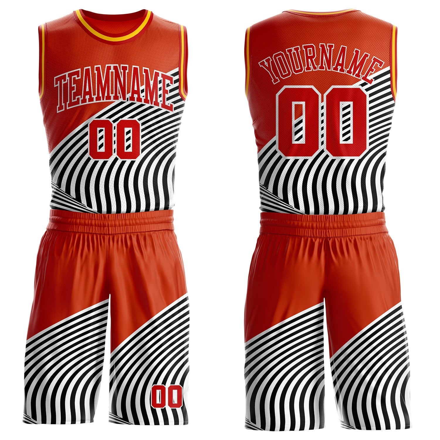 Custom Orange Red Black White-Gold Wave Stripe Round Neck Sublimation Basketball Uniform Jersey