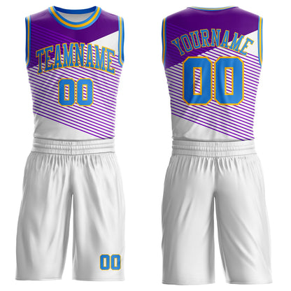 Custom White Powder Blue Purple-Gold Diagonal Stripe Round Neck Sublimation Basketball Uniform Jersey