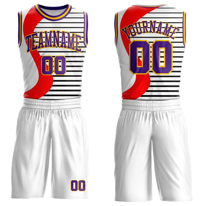 Custom White Purple Red-Gold Wave Stripe Round Neck Sublimation Basketball Uniform Jersey