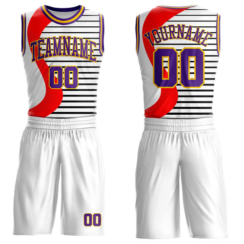 Custom White Purple Red-Gold Wave Stripe Round Neck Sublimation Basketball Uniform Jersey
