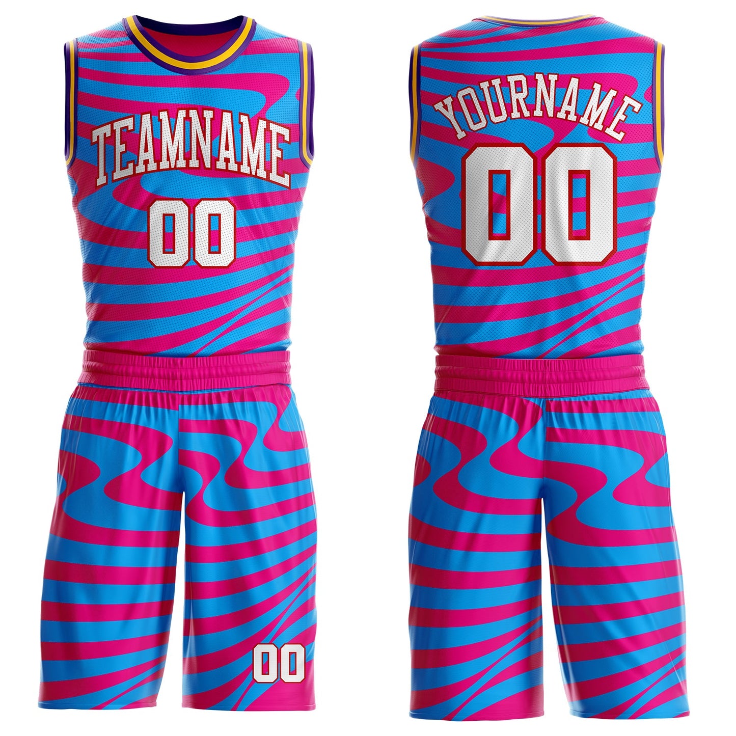 Custom Hot Pink White Blue Red Purple-Gold Wave Stripe Fluid Round Neck Sublimation Basketball Uniform Jersey