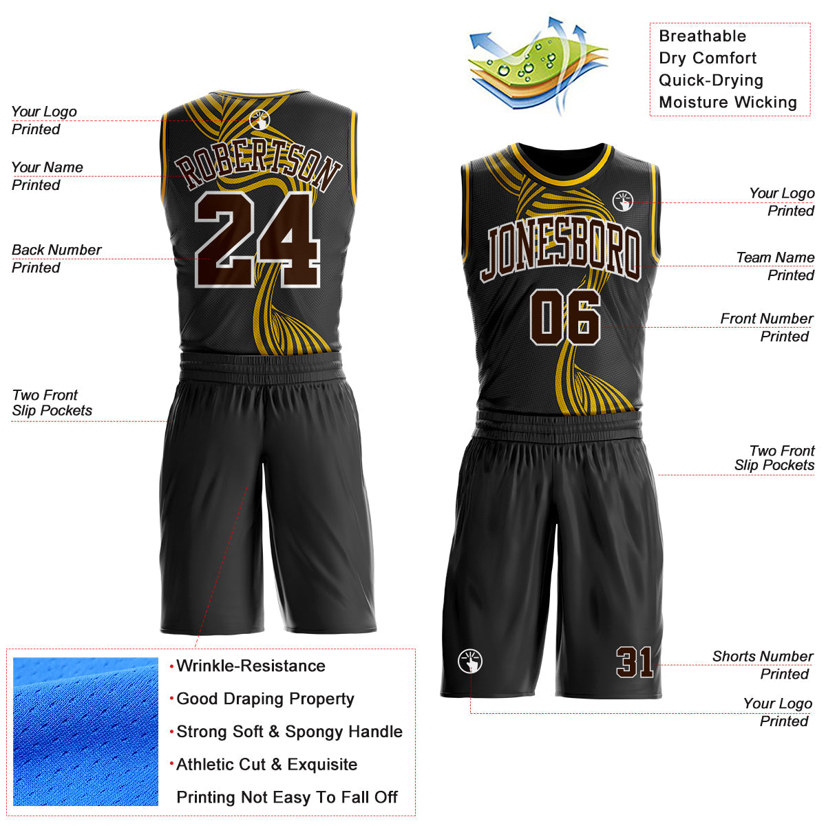 Custom Black Brown White-Yellow Stream Wave Stripe Round Neck Sublimation Basketball Uniform Jersey