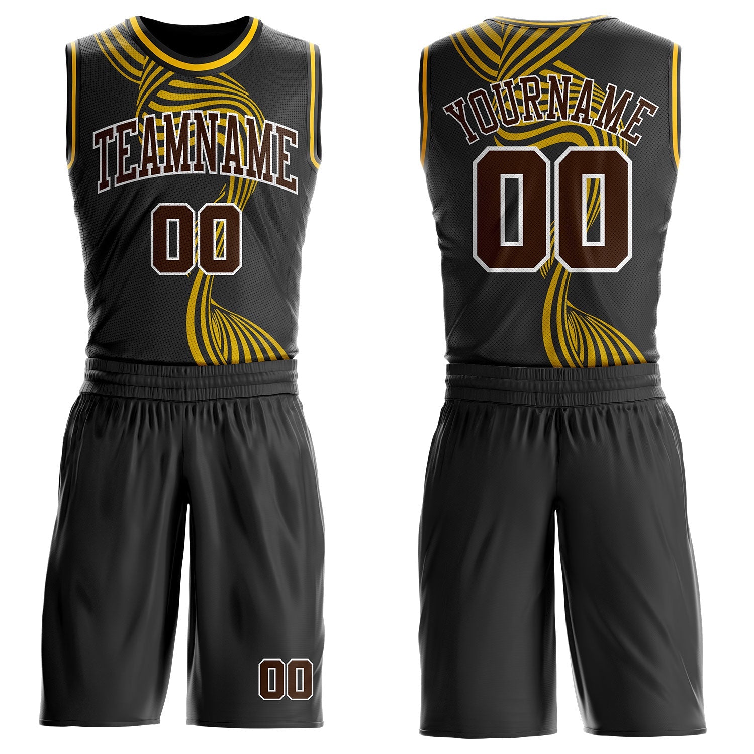 Custom Black Brown White-Yellow Stream Wave Stripe Round Neck Sublimation Basketball Uniform Jersey