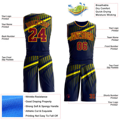 Custom Blue Crimson Gold-Navy Gradient Grid Stripe Round Neck Sublimation Basketball Uniform Jersey