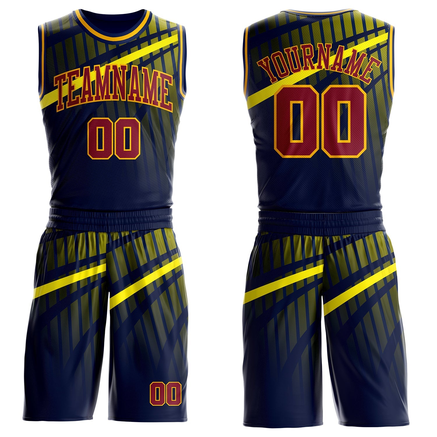 Custom Blue Crimson Gold-Navy Gradient Grid Stripe Round Neck Sublimation Basketball Uniform Jersey