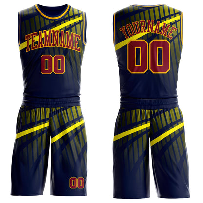 Custom Blue Crimson Gold-Navy Gradient Grid Stripe Round Neck Sublimation Basketball Uniform Jersey