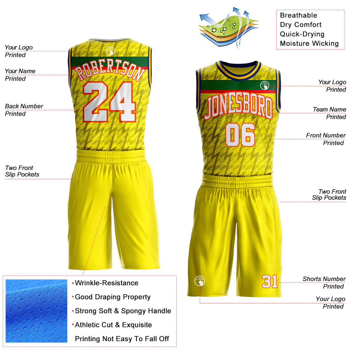 Custom Yellow White Green Gray Orange-Navy Lightning Stripe Round Neck Sublimation Basketball Uniform Jersey