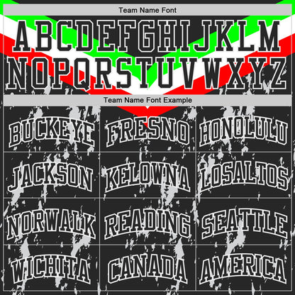 Custom Black Neon Green Red-White Geometric Chevron Stripe Paint Splatter Round Neck Sublimation Basketball Uniform Jersey