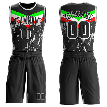 Custom Black Neon Green Red-White Geometric Chevron Stripe Paint Splatter Round Neck Sublimation Basketball Uniform Jersey