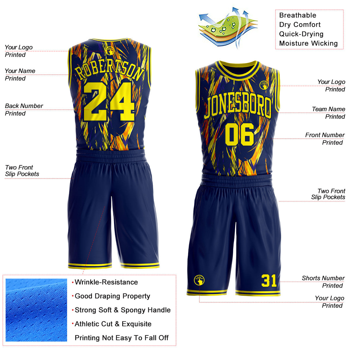 Custom Navy-Light Yellow Wing Brush Stroke Boho Style Round Neck Sublimation Basketball Uniform Jersey