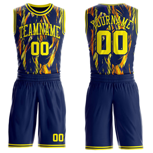 Custom Navy-Light Yellow Wing Brush Stroke Boho Style Round Neck Sublimation Basketball Uniform Jersey