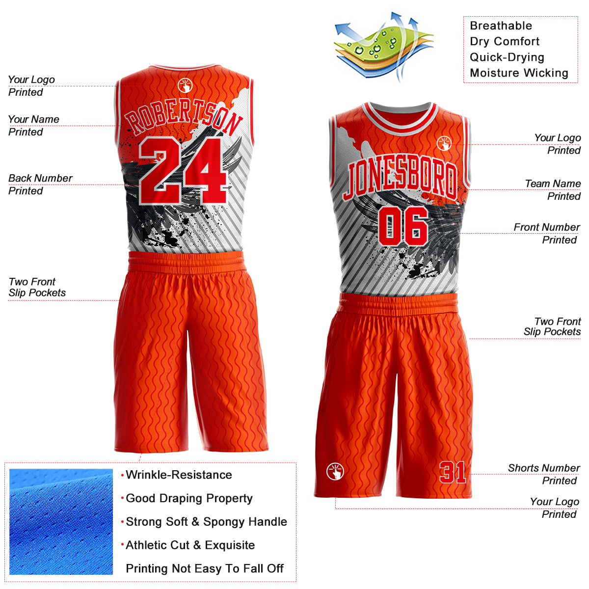Custom Orange Fire Red Gray-White Wing Splash Ink Wave Boho Style Round Neck Sublimation Basketball Uniform Jersey