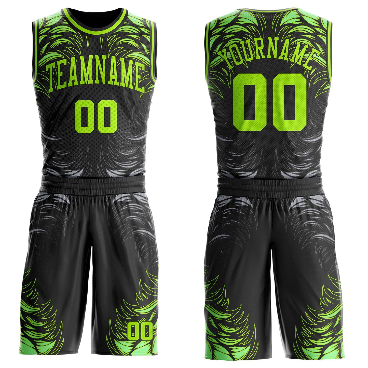 Custom Black Neon Green-Gray Feather Wing Boho Style Round Neck Sublimation Basketball Uniform Jersey