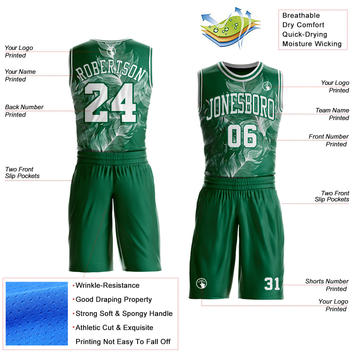 Custom Kelly Green-White Feather Wing Boho Style Round Neck Sublimation Basketball Uniform Jersey