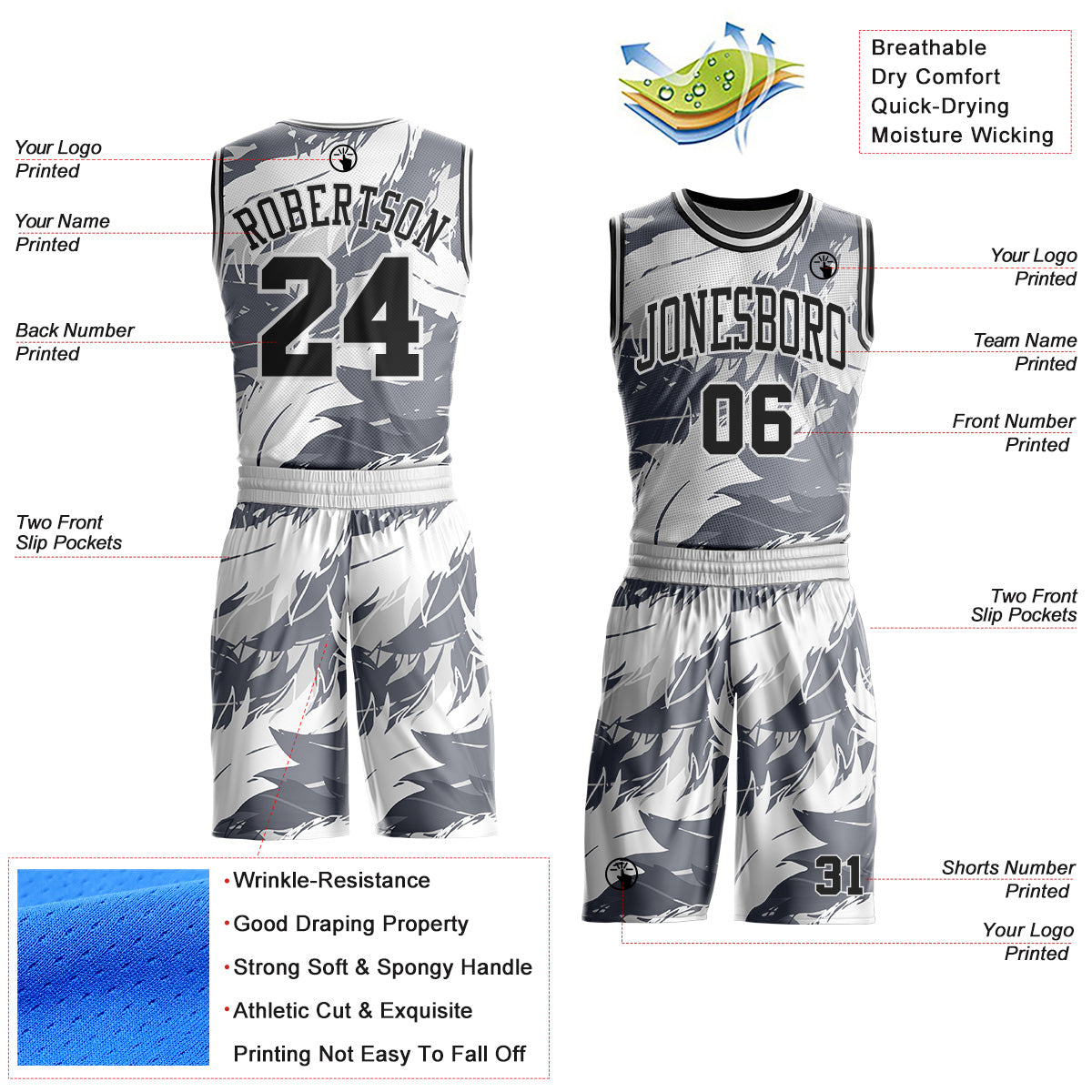 Custom White Black-Gray Feather Wing Boho Style Round Neck Sublimation Basketball Uniform Jersey