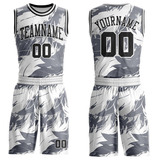 Custom White Black-Gray Feather Wing Boho Style Round Neck Sublimation Basketball Uniform Jersey