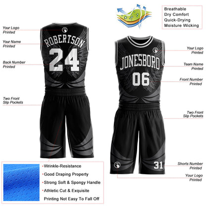 Custom Black-White Feather Wing Boho Style Round Neck Sublimation Basketball Uniform Jersey