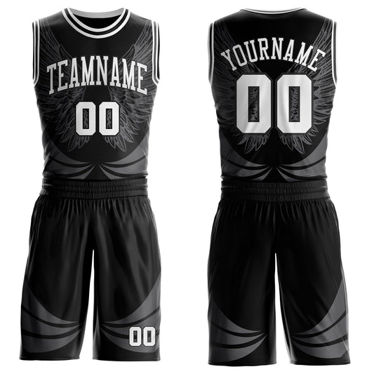 Custom Black-White Feather Wing Boho Style Round Neck Sublimation Basketball Uniform Jersey