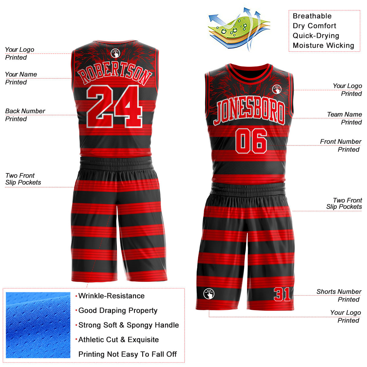 Custom Black Fire Red-White Wing Stripe Boho Style Round Neck Sublimation Basketball Uniform Jersey