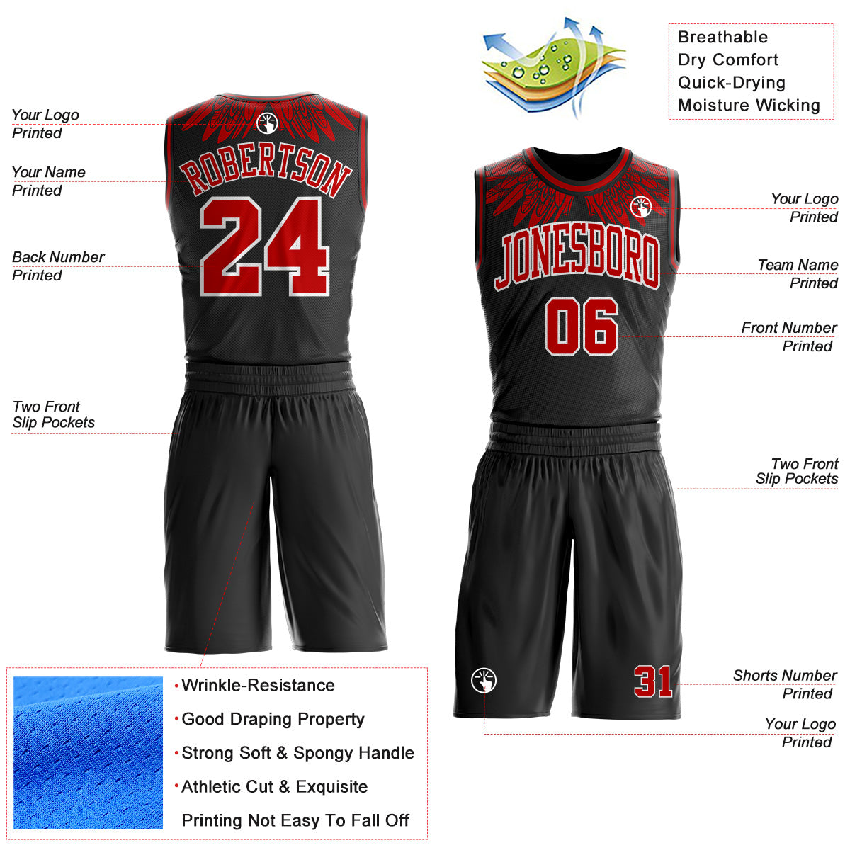 Custom Black Red-White Feather Wing Boho Style Round Neck Sublimation Basketball Uniform Jersey