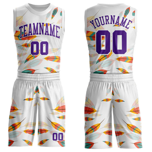 Custom White-Purple Feather Boho Style Round Neck Sublimation Basketball Uniform Jersey